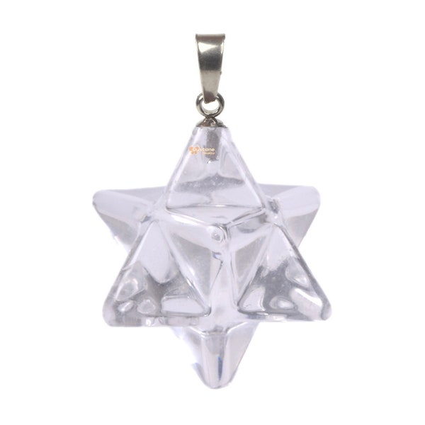 Carved Natural White clear quartz Gemstone Merkaba Star Crystal Energy Healing Sacred Focal Pendant