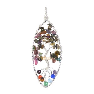 Multi-color tourmaline Gemstone Crystal Healing Stailess Steel Handmade Tree of Life Leaf Pendant Focal Bead