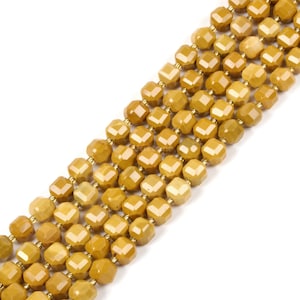 Yellow Mookaite Jasper 8mm Natural Gemstone Faceted Cube Dice Square Beads Strand 15.5 inch Micro Faceted Laser Diamond Cut Beads