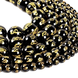 Carved black agate Six-Word Memoirs Om mani padme hum round spacer loose beads 15&quot; 6mm to 14mm