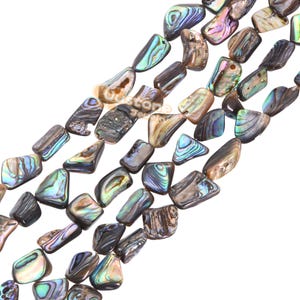 May include: A strand of iridescent abalone shell beads, each bead is a unique, irregular shape with a mix of brown, green, and blue colors.