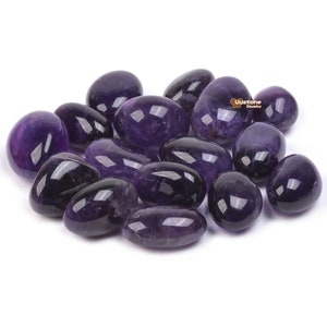 May include: A group of smooth, polished amethyst stones in various sizes and shades of purple. The stones are arranged in a loose pile on a white background.