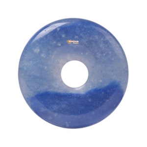 May include: A blue and white donut-shaped stone with a hole in the center. The stone has a light blue color on the top and a darker blue color on the bottom. The stone has a smooth, polished surface. The stone is a natural stone and has a unique pattern. The stone is a good size for a pendant or charm.