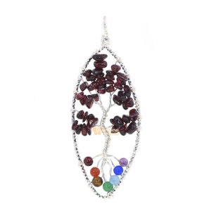 Garnet Gemstone Crystal Healing Stailess Steel Handmade Tree of Life Leaf Pendant Focal Bead