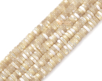 Può includere: Una collana di perline di conchiglia beige e bianche. Le perline sono rotonde e hanno una finitura liscia e lucida. Sono infilate su un filo trasparente.