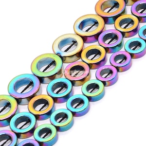 8mm to 12mm Metallic Rainbow Coated Hematite Hollow Circle Flat Round Ring-Shape Donut Beads Strand 16 Inch for Jewelry Making