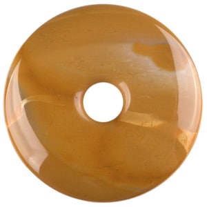 May include: A round, yellow-brown gemstone with a hole in the centre. The stone has a smooth, polished surface and a swirling pattern of lighter and darker shades of brown.