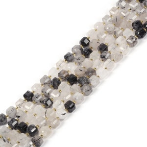 Black Rutilated Quartz 8mm Natural Gemstone Faceted Cube Dice Square Beads Strand 15.5 inch Micro Faceted Laser Diamond Cut Beads