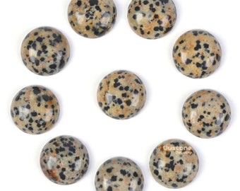 May include: Ten round, smooth, polished dalmatian jasper cabochons in various shades of brown, black, and white. The cabochons are arranged in a circle on a white background.