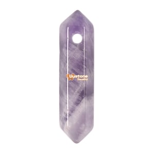May include: A purple amethyst crystal point pendant with a hole drilled through the top for stringing. The crystal is smooth and polished, with a pointed tip and a rounded base.