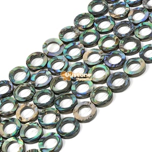 14mm Natural Abalone Shell Hollow Circle Flat Round Ring-Shape Donut Beads Strand 16 Inch for Jewelry Making