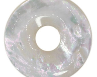 May include: A white mother of pearl bead with a hole in the center. The bead has a pearlescent sheen and a slightly iridescent finish.