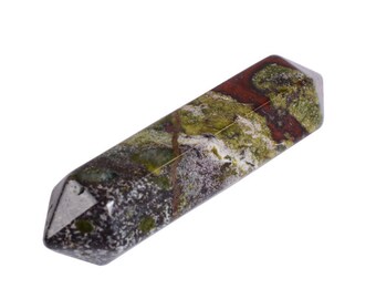 May include: A green, brown and white crystal point with a smooth, polished finish. The crystal is shaped like a long, thin point with a rounded tip.
