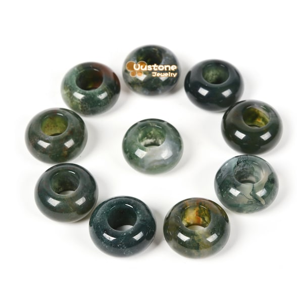 14mm Natural Moss Agate Universal Large Hole Rondelle Bead for Bracelet DIY Jewelry Making