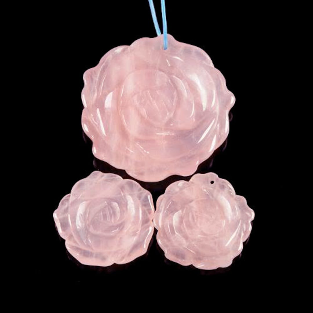 G0869 Carved Rose Quartz Flower Pendant Earrings Beads Set Etsy