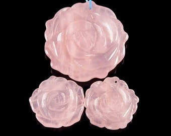 g0869 Carved rose quartz flower pendant earrings beads set