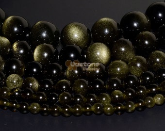Cuentas redondas de obsidiana dorada natural de grado A, hebra completa de 4 mm, 5 mm, 6 mm, 8 mm, 10 mm, 12 mm