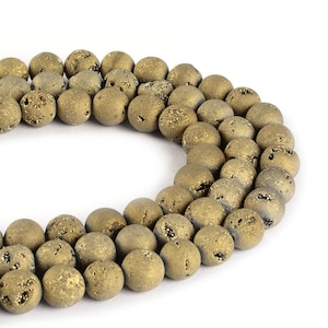 8mm178 Gold Geode Drusy Crystal round ball loose gemstone beads 16&quot;