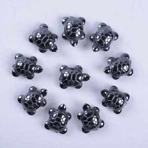 May include: Ten black turtle-shaped hematite stones. The stones are carved with detailed shell patterns and are arranged in a circle on a white background.