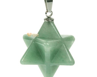 Carved Natural Green Aventurine Gemstone Merkaba Star Crystal Energy Healing Sacred Focal Pendant