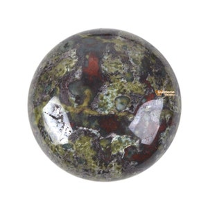 May include: A green, red, and black sphere of polished stone. The stone has a mottled pattern with swirls of color.