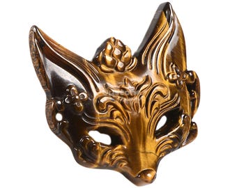 Yellow Tiger Eye Carved Fox Mask Side Hole Design Amulet Prote Pendant Bead DIY Jewelry Making