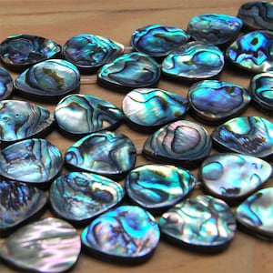 May include: A strand of iridescent abalone shell beads in a teardrop shape. The beads are a mix of blue, green, and purple.