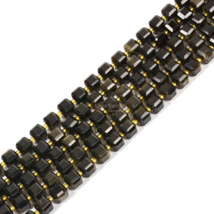 Golden Obsidian 8mm Natural Gemstone Faceted Cube Dice Square Beads Strand 15.5 inch Micro Faceted Laser Diamond Cut Beads