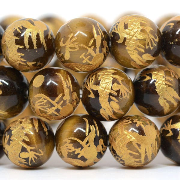 8mm Tiger eye carved gold dragon round loose gemstone beads 15.5"