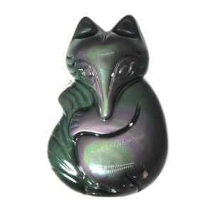 G0599 Obsidiana arcoíris natural tallada Lindo colgante de zorro cuenta 38 mm