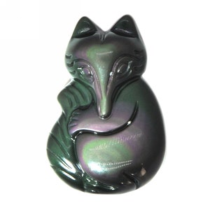 g0599 Natural rainbow obsidian carved Cute fox pendant bead 38mm