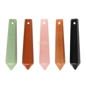 May include: Five gemstone pendants in various colors, including green, brown, pink, orange, and black. Each pendant is shaped like a pointed, elongated hexagon.