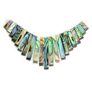 May include: A necklace made of iridescent abalone shell pieces. The pieces are cut into long, thin rectangles and arranged in a graduated pattern, creating a fan-like shape.