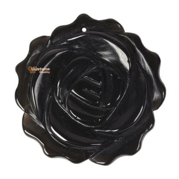g2567.11 35mm Natural Black obsidian carved flower pendant bead Jewellery Making