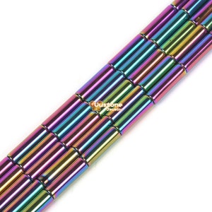 13mm metallic rainbow coated hematite Cylinder tube loose gemstone beads 15&quot;