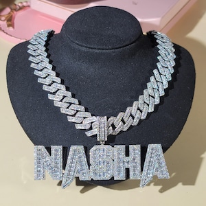 Customize Your Iced Out Name Necklace,Personalized Baguette Letter Pendants,18mm Diamond Cuban Link Chain,Ceremony Gifts,Custom Necklace