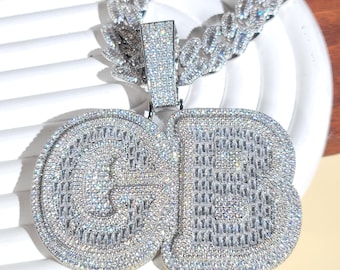 Custom Big Name Plate Necklace,Iced Out Name Pendant,Custom Two-Layer Letters Pendant,Baguette Chain,Birthday Gifts for Him,Hip Hop Jewelry