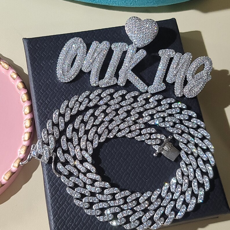 Custom Cursive Name Necklace: Heart Bail, Iced Cuban Chain Pendant - Etsy