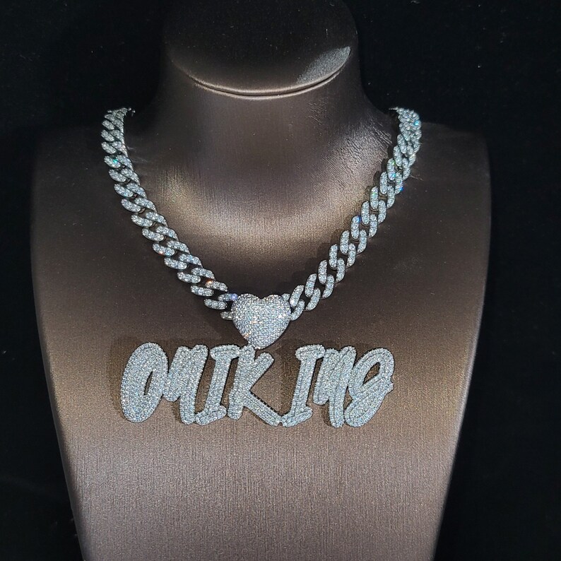 Custom Cursive Name Necklace: Heart Bail, Iced Cuban Chain Pendant - Etsy