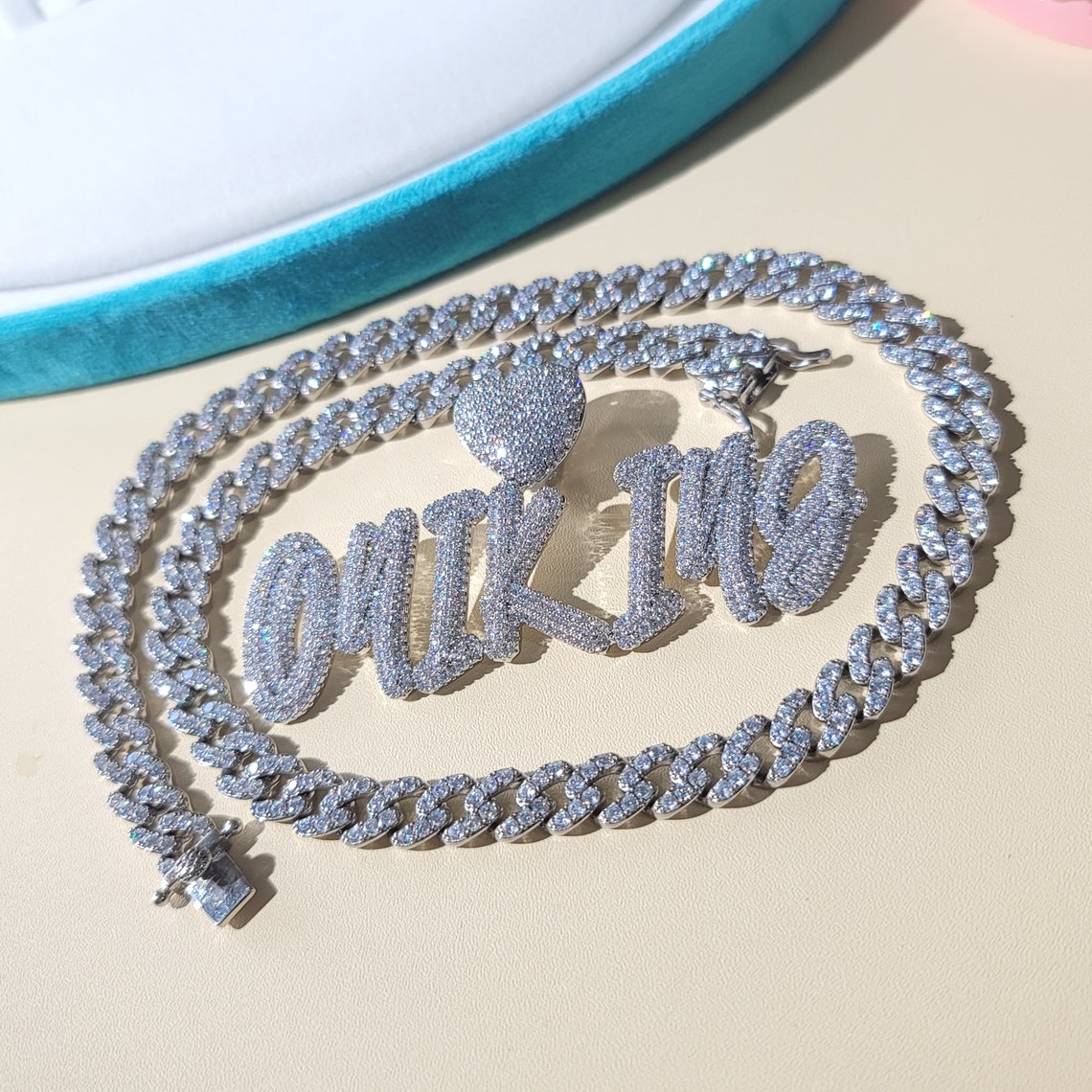 Custom Cursive Name Necklace: Heart Bail, Iced Cuban Chain Pendant - Etsy