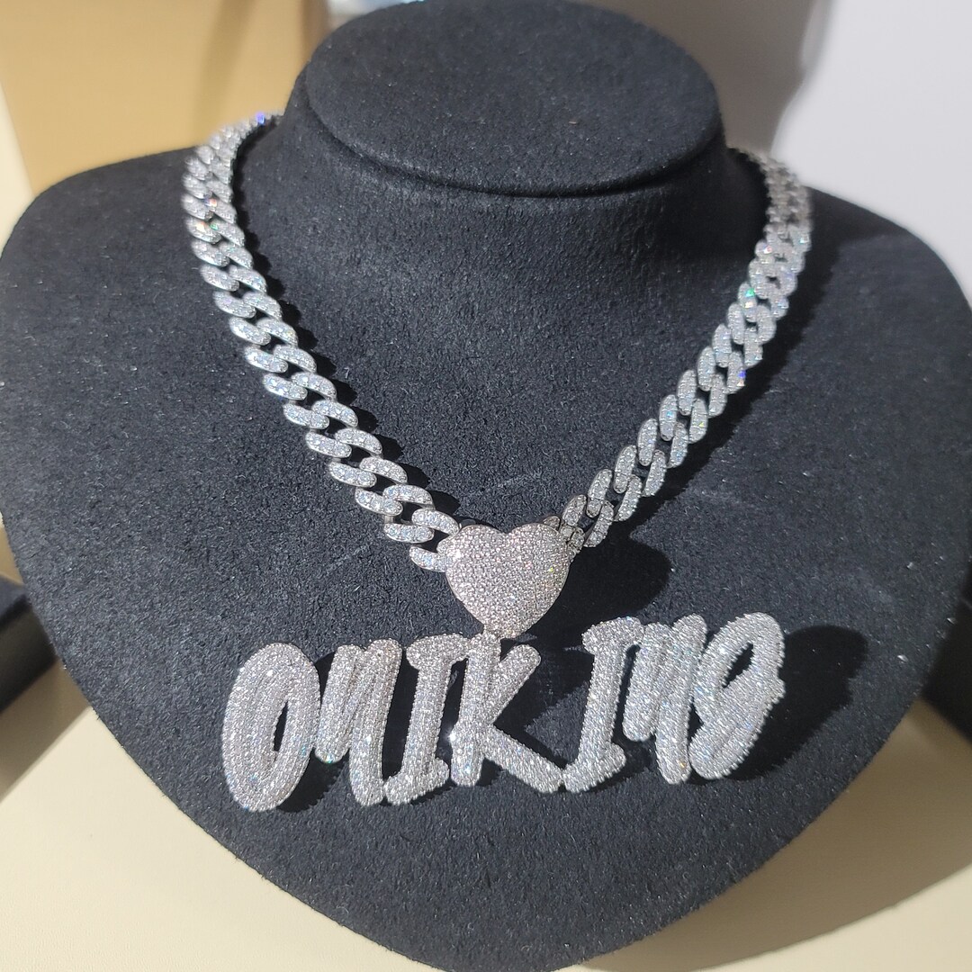 Custom Cursive Name Necklace: Heart Bail, Iced Cuban Chain Pendant - Etsy