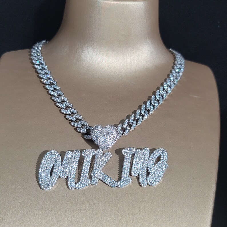 Custom Cursive Name Necklace: Heart Bail, Iced Cuban Chain Pendant - Etsy