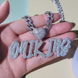 Custom Cursive Name Necklace: Heart Bail, Iced Cuban Chain Pendant - Etsy