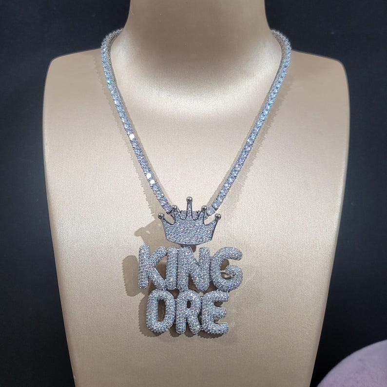 Custom Crown Clasp Mini Name Plate Necklace,icy Bubble Letters Pendants