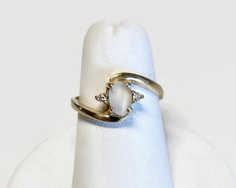 Opal and Diamond Ring 14k Yellow Gold Vintage Size 6 - October Birthstone