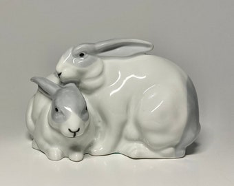 Rabbit Figurine - Pair of Life Like Flop Eared Rabbits - Gray & White Royal Copenhagen