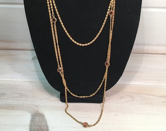 Triple Strand Gold Long Necklace - Signed Goldette - Vintage Necklace With Amethyst Stones
