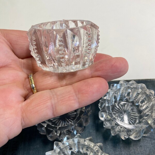 Antique Cut Crystal Salt Cellars, Thick Cut Crystal Salt Dips, Set of 5 Zipper Cut Salt Cups