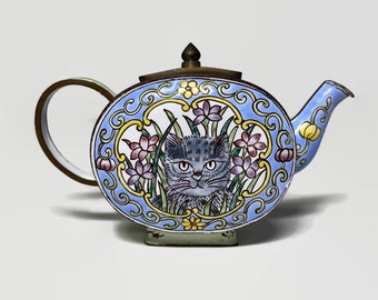 Miniature Enameled Teapot - Kitty Cat in Flowers