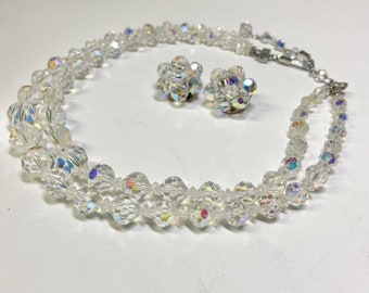 Clear Cut Crystal Faceted Beaded Necklace with Earrings, 17” Aurora Borealis Sparkling Double Strand Necklace